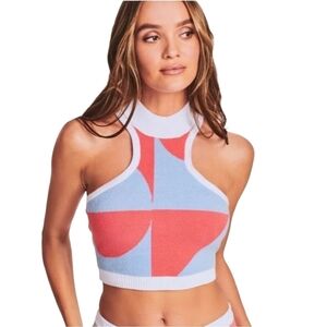 SER.OY.A Knit Bodycon Colorblock Crop Top Blue Coral Festival Beach Party